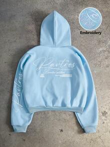 PAVTROS Men's Street-Style Trending INS , English & Chinese Letter Embroidered Hoodie, Suitable For Outdoor Music Festival, Daily Wear, Hangout With Friends, Boyfriend/Husband Gift, Anniversary Gift, Blue Summer Hoodie Baby Blue Hoodie Mens Hoodie - Dusty Blue - View 2