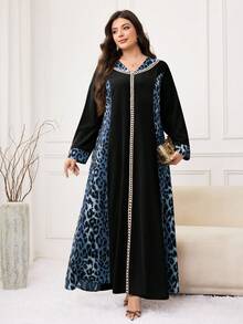 Al Najma Plus Size Women Leopard Print Patchwork Arabic Style Dress - Blue - View 1