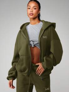 MISSGUIDED Hotfix Rhinestone Zip Through Hoodie With Centre Pocket And Drawstring Hood For Casual Everyday Wear - Khaki - View 2