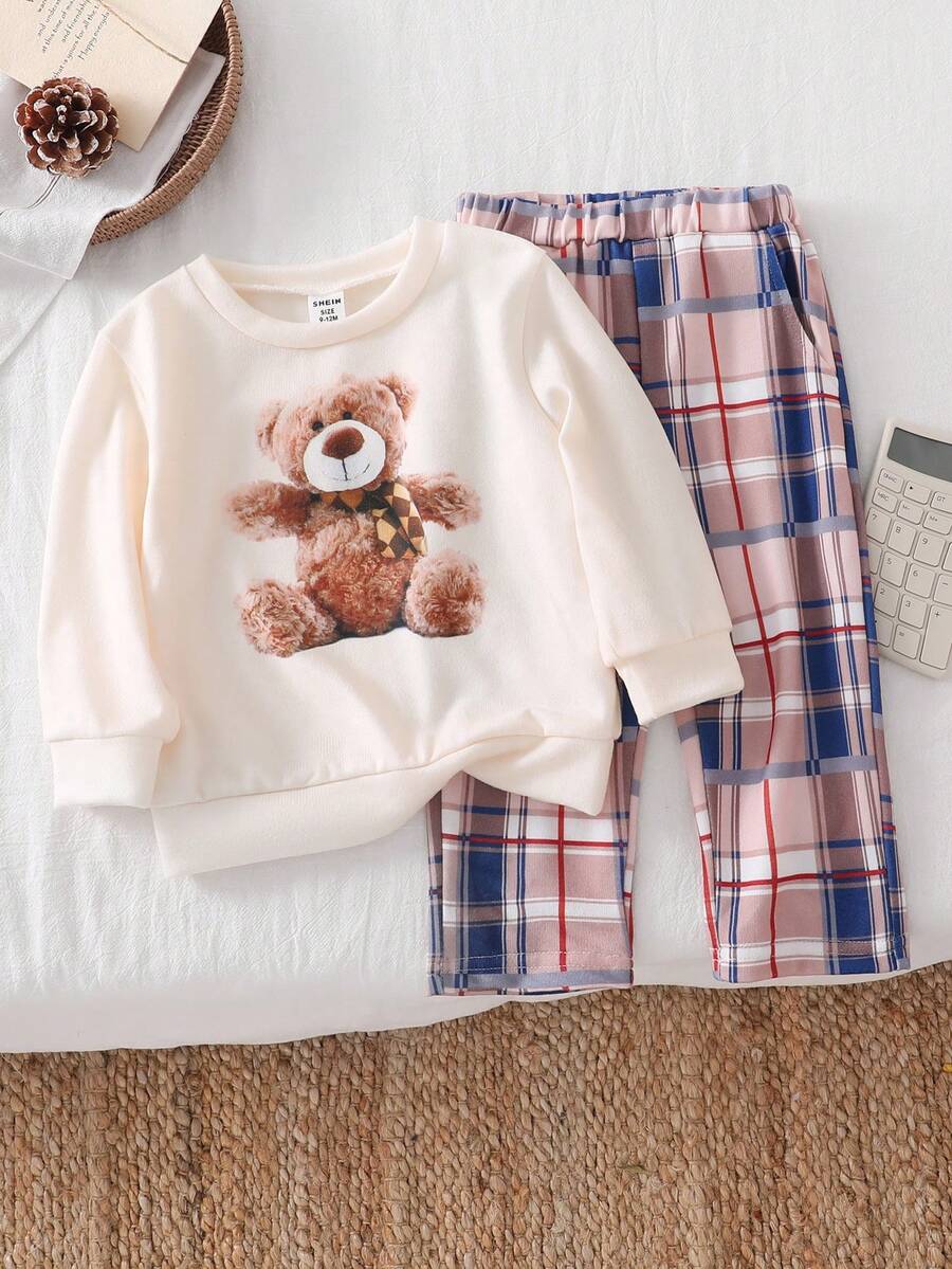 Baby Boys T-Shirt Co-Ords-Long Sleeve Tee Set Crew Neck Top And Plaid Pants Cream Teddy Bear Print Blue Pink Plaid Four Season 2026 New Year Essential Versatile And Comfortable Warm And Cute Style - Apricot - View 1