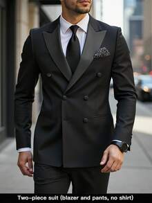 Calvornis 男士商务休闲纯色双排扣开衫夹克和裤子套装 - 黑色 - 查看 1