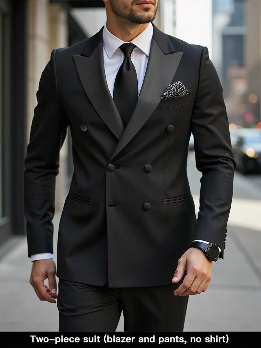 Calvornis 男士商务休闲纯色双排扣开衫夹克和裤子套装 - 黑色 - 查看 1