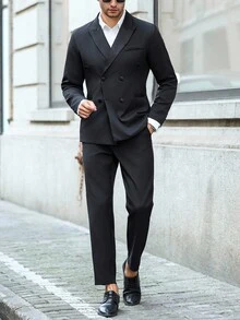 Calvornis 男士商务休闲纯色双排扣开衫夹克和裤子套装 - 黑色 - 查看 5