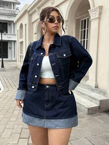 SHEIN ICON Plus Size Vintage Roll-Up Sleeve Dark Blue Denim Jacket - Dark Wash - View 8
