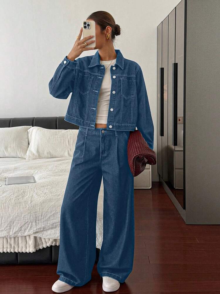 Women's Long Sleeve Single-Breasted Jacket And Wide-Leg Jeans Casual Suit