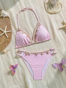 SHEIN 少女两件式吊带泳衣套装，粉色罗纹面料，可调节细肩带，贝壳和海星装饰，三角泳裤侧边可调节 - 粉色 - 查看 1