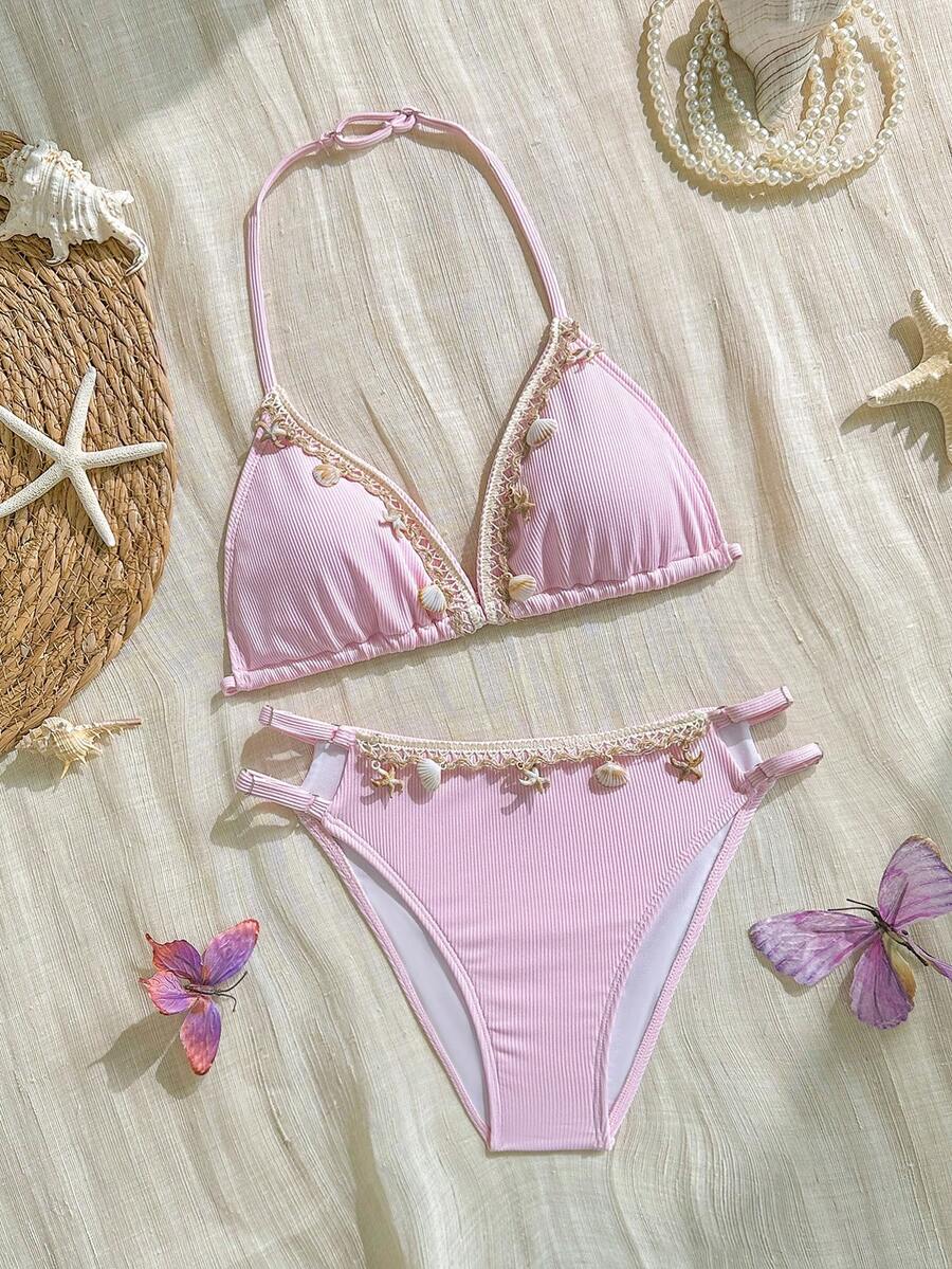 SHEIN 少女两件式吊带泳衣套装，粉色罗纹面料，可调节细肩带，贝壳和海星装饰，三角泳裤侧边可调节 - 粉色 - 查看 1
