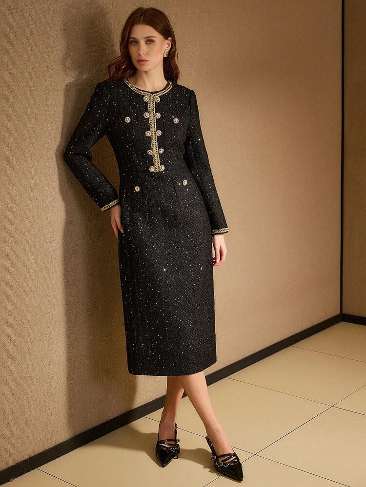 TWEED SEQUINS CONTRAST TAPE TRIM RHINESTONE FAUX PEARLS DETAIL MIDI DRESS