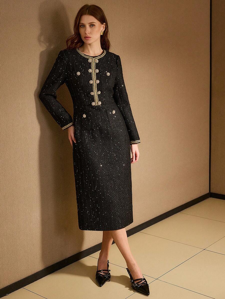 MOTF PREMIUM Vestido midi con detalles de cinta de contraste con lentejuelas, tweed y adornos de strass y perlas falsas - Negro - Ver 1