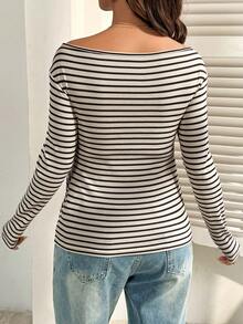 SHEIN 孕妇撞色条纹长袖休闲T恤 - 杏色 - 查看 2