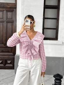 Pariaura French Retro Bubble Chiffon Plaid Print Women Shirt - Pink - View 4