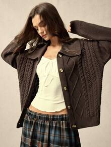 SoleilVie Áo khoác cardigan dệt kim 3D họa tiết kim cương kiểu Pháp thanh lịch dành cho nữ, màu nâu, áo cardigan dệt kim, áo cardigan cài nút, áo khoác màu nâu cho nữ. - màu nâu - Xem 2