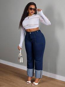 SHEIN CURVE+ جينز نسائي بحجم كبير ربيعي أزرق مع مرونة، حافة ممزقة، قصة ضيقة - أزرق داكن - مشاهدة 6
