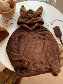 Comfortcana Solid 3D Ear Teddy Hoodie In Fall/Winter - Chocolate Brown - View 2