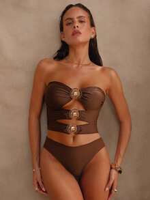 Swim Chiccia Metallic Sun Accent Ruched Waist Sexy & Elegant Women's Swimsuit Set - Brown - View 5