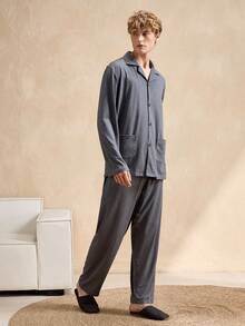 Ensemble pyjama homme à col châle gris, manches longues, vêtements d'hiver