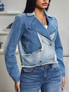 Jeanoix Chaqueta vaquera corta de mujer con cuello de solapa, de doble botonadura, con parches y acabado desgastado, de estilo casual y urbano, para primavera/otoño - Azul lavado medio - Ver 1