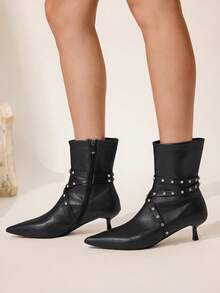 CUCCOO CHICEST Botas de tacón de aguja con decoración de rhinestones hasta la pantorrilla para mujer - Negro - Ver 6