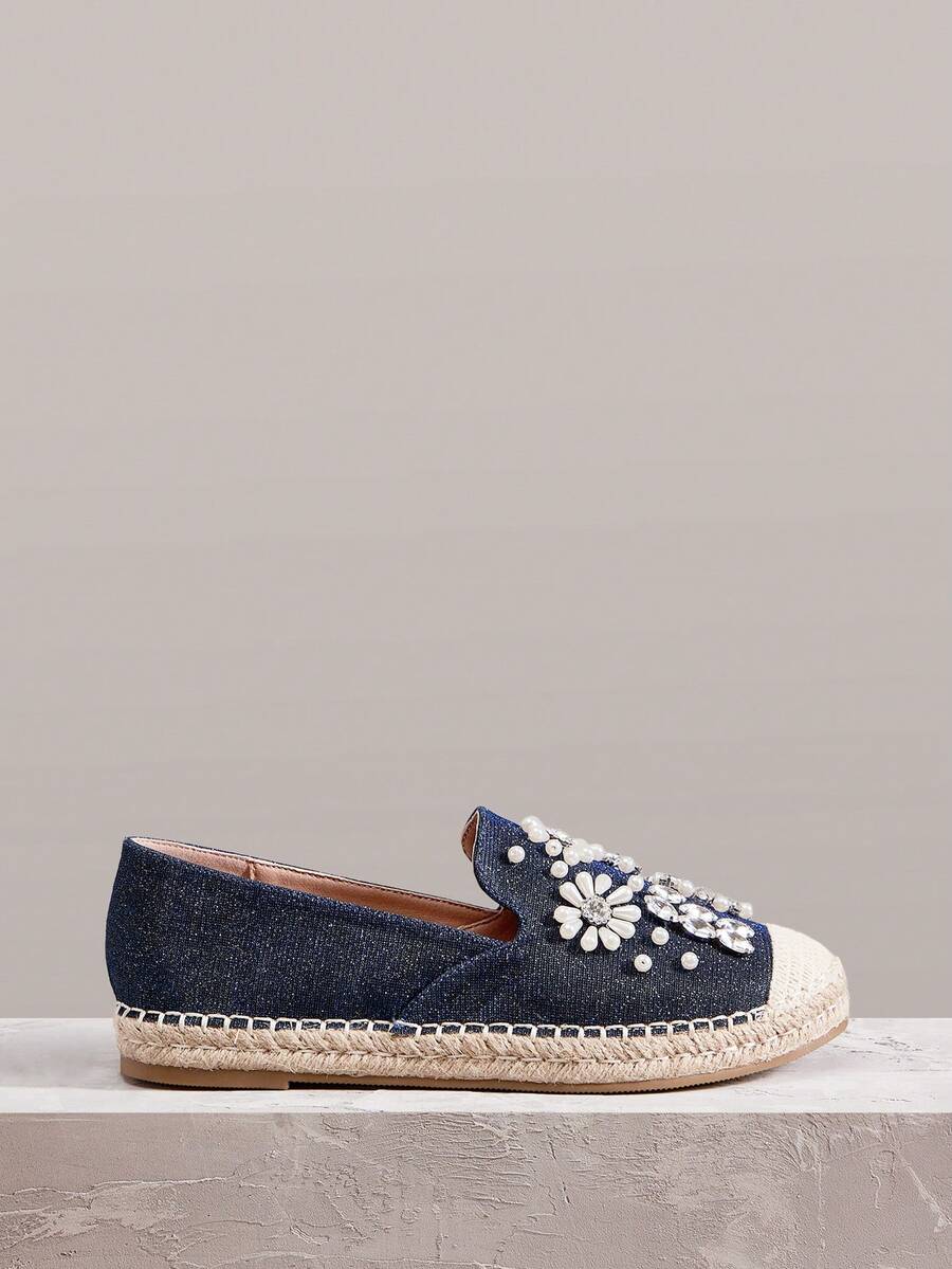 Styleloop Giày nữ phong cách Bohemian thường ngày, trang trí ngọc trai, thích hợp cho Giáng sinh và tiệc năm mới. - Màu xanh lam - Xem 1