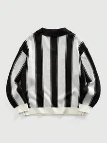 ROMWE MEN Men's Turndown Collar Sporty Street Knit Sweater - Black and White - View 2