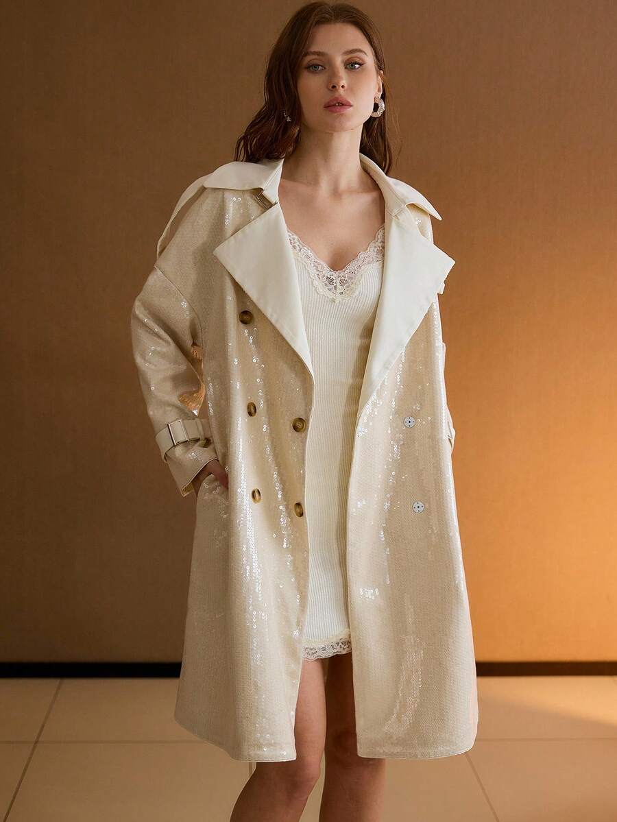 MOTF PREMIUM 米色亮片装饰系带风衣 - 杏色 - 查看 1