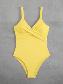 Swim Lushoire 1 pieza Traje de baño de una sola pieza con frente cruzado de tela a rayas especial - Amarillo - Ver 4
