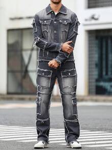 Manfinity LEGND 男士休闲做旧毛边灰色牛仔套装 - 深灰色 - 查看 7