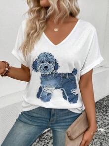 EMERY ROSE 新款时尚女式斗牛犬和花卉印花V领短袖T恤 - 白色 - 查看 4