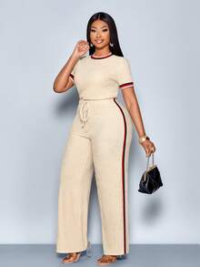 SOLERSUN Bộ đồ mùa hè thường ngày cho nữ, áo cổ tròn nhiều màu tương phản và quần dài, trang phục thường ngày mùa thu dành cho nữ, trang phục thường ngày cho nữ - Màu be - Xem 7