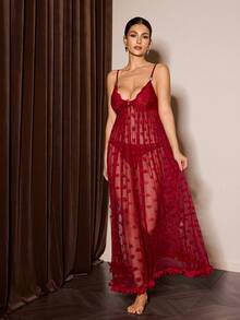 SHEIN Slumberist Women's Sexy 3D Floral Lace Patchwork Heart Mesh Camisole Nightgown Spigettie Strap Lace Night Gown Sheer Dress Women Red Night Gown Long Lingerie Dress Sheer Nightgown