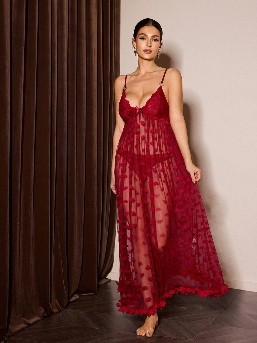 SHEIN Slumberist Women's Sexy 3D Floral Lace Patchwork Heart Mesh Camisole Nightgown Spigettie Strap Lace Night Gown Sheer Dress Women Red Night Gown Long Lingerie Dress Sheer Nightgown
