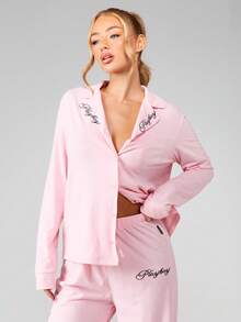 Missguided x Playboy Embroidered Bunny Long Sleeve Button Up Pajama Set With Wide Leg Pants - Pink - View 3