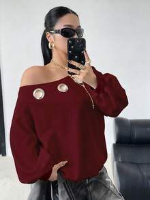 POPSWAY 大码女式斜肩金属孔眼卫衣，休闲舒适街头风卫衣外套，秋冬款 - 酒紅色 - 查看 6