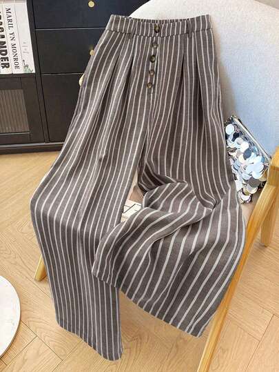 Franclia Pantaloni largi cu dungi țesute, stil casual pentru femei, mărime plus, stil retro, vacanță, talie înaltă