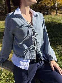 Abrilcols 女士夏季系带灯笼袖牛仔上衣、牛仔夹克、秋季女装 - 藍色 - 查看 4