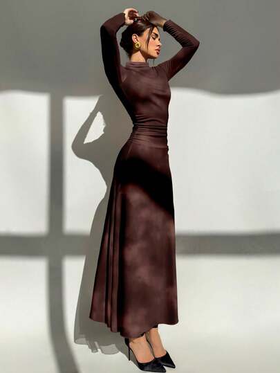 Aloruh 女士休闲优雅修身长袖连衣裙，腰部褶皱设计，高领，扎染印花