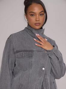 MUSERA Áo khoác denim cổ cao bất đối xứng cỡ lớn, phong cách đường phố mùa thu, cô nàng cá tính Y2K, thường ngày, màu nâu đỏ. - Xám - Xem 2