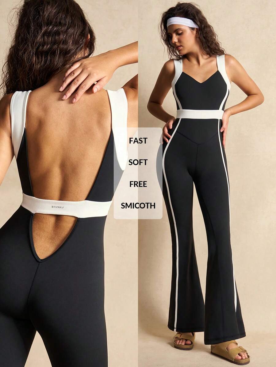 VARSITIE Mono deportivo casual de mujer con contraste de color y espalda descubierta