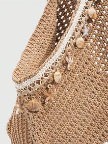 ROMWE Fairycore 1pc Tropical Ocean Beach Resort Style Woven Hollow Khaki Women Shoulder Tote Bag, Large Capacity ,Beach Bag - Light brown - View 5