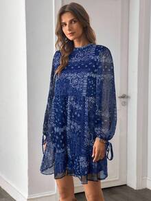 LanaWest 女士秋冬西部风时尚百搭宽松圆领荷叶边复古酒红色雪纺数码印花拼接长袖弹力袖口蝴蝶结宽松褶皱娃娃迷你连衣裙，波西米亚风 - 藏蓝色 - 查看 3