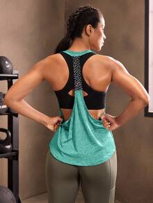 Powerista Sleeveless Round Neck Solid Color Open Back Summer Sports T-Shirt - Green - View 3