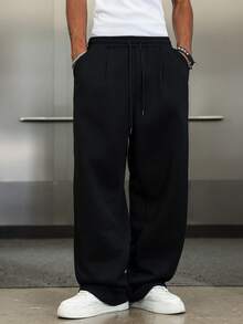 PAVTROS 男士加大码宽松纯色休闲抽绳口袋裤 - 黑色 - 查看 5