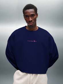 PLAYBOY X SUMWON Cropped Raw Edge Long Sleeve Sweatshirt With Large Bunny Logo Back Print And Front Text Detail - Navy Blue - View 2