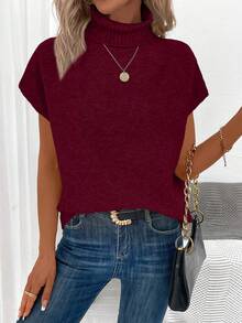 EURMUSE Women's Casual Solid Color Turtleneck Batwing Sleeve Sweater Vest, Summer - Burgundy - View 5
