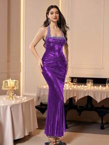 Coutiva Women's Rhinestone & Faux Pearl Decor Ruched Formal Evening Gown,Elegant Purple Velvet Sequin Floral Dress For Wedding,Dinner Party & Graduation Ball - Purple - View 3
