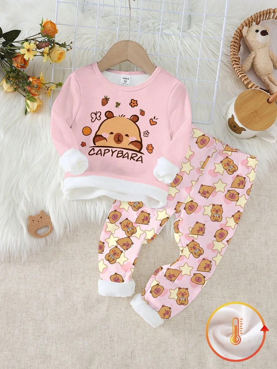 2pcs/Set Toddler Girls' Cute Bear Animal Print Pink Top & Bear Star All-Over Print Crew Neck Long Sleeve Leggings Knit Fabric Comfortable Stretchy Thick Warm Autumn/Winter Outfit - Baby Pink - View 1