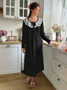 SHEIN Women's Jacquard Round Neck Romantic Multi-Layer Ruffle Patchwork Pearl Button Bow Decor Loose Long Sleeve Nightgown