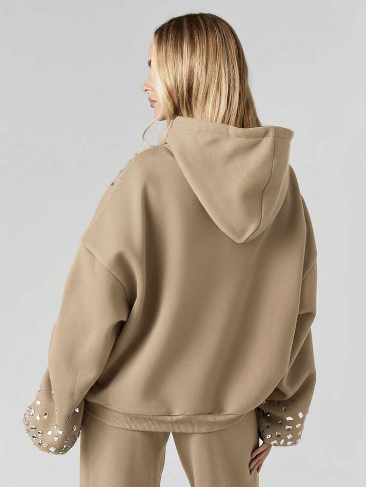 MISSGUIDED Rhinestone Embellished Pullover Hoodie With Crystal Details And Drawstring For Casual Streetwear Winter Fall Fashion