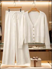 GlowEve CURVE Plus Size Fashion Casual Loose Knit Cardigan Sweater And Straight Leg Pants Two Pieces Set - Beige - View 1