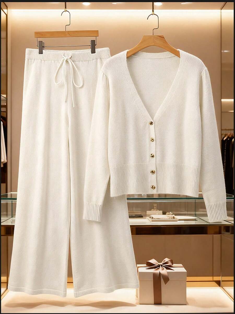 GlowEve CURVE Plus Size Fashion Casual Loose Knit Cardigan Sweater And Straight Leg Pants Two Pieces Set - Beige - View 1